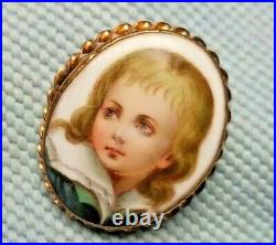 Vintage Porcelain Hand Painted Cameo Victorian Blonde Boy BROOCH set in 12K Gold