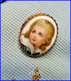 Vintage Porcelain Hand Painted Cameo Victorian Blonde Boy BROOCH set in 12K Gold