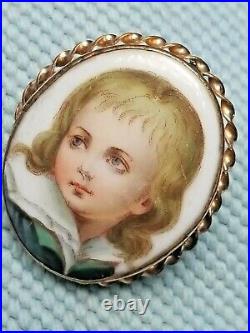 Vintage Porcelain Hand Painted Cameo Victorian Blonde Boy BROOCH set in 12K Gold