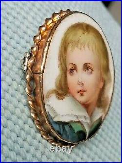 Vintage Porcelain Hand Painted Cameo Victorian Blonde Boy BROOCH set in 12K Gold