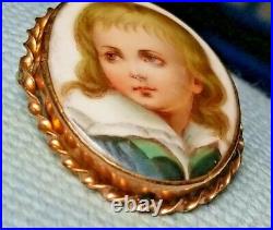 Vintage Porcelain Hand Painted Cameo Victorian Blonde Boy BROOCH set in 12K Gold