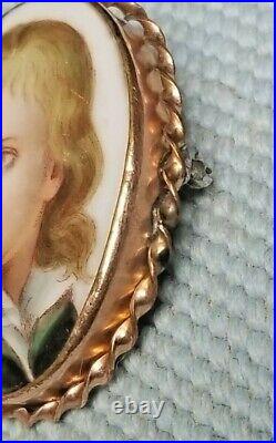 Vintage Porcelain Hand Painted Cameo Victorian Blonde Boy BROOCH set in 12K Gold