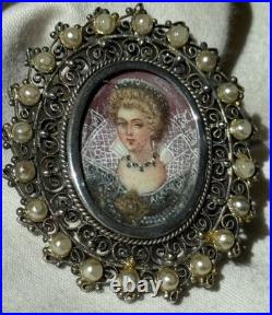 Vintage Portrait Brooch Hand-Painted Mini 800/835 Filigree Faux Pearl Halo