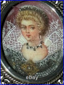Vintage Portrait Brooch Hand-Painted Mini 800/835 Filigree Faux Pearl Halo