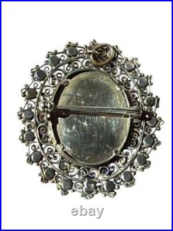 Vintage Portrait Brooch Hand-Painted Mini 800/835 Filigree Faux Pearl Halo