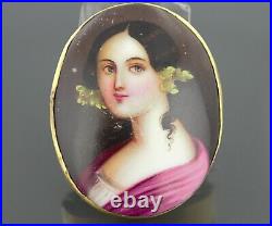 Vintage Portrait Hand Painted Porcelain Brooch, Pin Victorian Lady Gold Filled