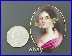 Vintage Portrait Hand Painted Porcelain Brooch, Pin Victorian Lady Gold Filled