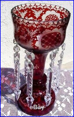 Vintage Ruby Over Glass Mantle Lustre Luster Hand Etched with Crystal Prisms