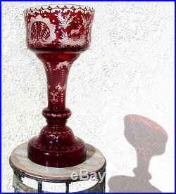 Vintage Ruby Over Glass Mantle Lustre Luster Hand Etched with Crystal Prisms