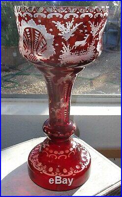 Vintage Ruby Over Glass Mantle Lustre Luster Hand Etched with Crystal Prisms