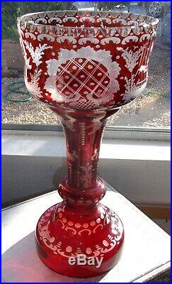 Vintage Ruby Over Glass Mantle Lustre Luster Hand Etched with Crystal Prisms