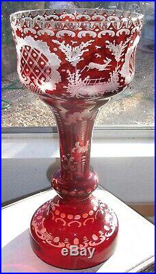 Vintage Ruby Over Glass Mantle Lustre Luster Hand Etched with Crystal Prisms