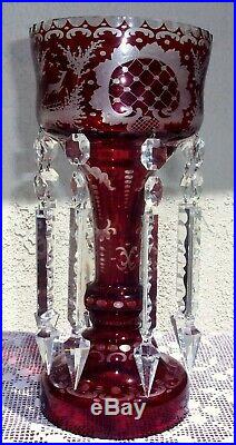 Vintage Ruby Over Glass Mantle Lustre Luster Hand Etched with Crystal Prisms