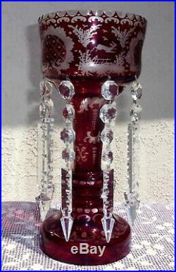 Vintage Ruby Over Glass Mantle Lustre Luster Hand Etched with Crystal Prisms