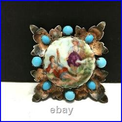 Vintage STERLING Romantic Ladies BROOCH Turquoise Glass Hand Painted XX123E