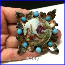 Vintage STERLING Romantic Ladies BROOCH Turquoise Glass Hand Painted XX123E