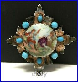 Vintage STERLING Romantic Ladies BROOCH Turquoise Glass Hand Painted XX123E