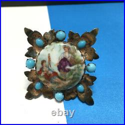 Vintage STERLING Romantic Ladies BROOCH Turquoise Glass Hand Painted XX123E