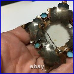 Vintage STERLING Romantic Ladies BROOCH Turquoise Glass Hand Painted XX123E