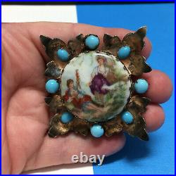 Vintage STERLING Romantic Ladies BROOCH Turquoise Glass Hand Painted XX123E