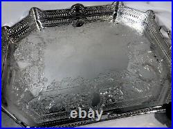 Vintage Serving Tray Silver Plated Pierced Hand Etched Gallery Tray Persian