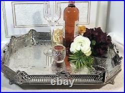 Vintage Serving Tray Silver Plated Pierced Hand Etched Gallery Tray Persian