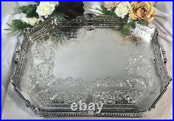 Vintage Serving Tray Silver Plated Pierced Hand Etched Gallery Tray Persian