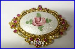 Vintage Signed ART Guilloche Hand Paint Victorian Rose Rhinestone Pin Brooch