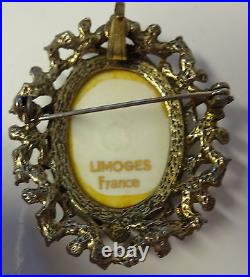 Vintage Signed Limoges France Victorian Lady Pearls Hand Paint Pin Brooch