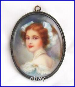 Vintage Sterling Hand Painted Porcelain Victorian Lady Portrait Cameo Brooch