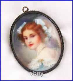 Vintage Sterling Hand Painted Porcelain Victorian Lady Portrait Cameo Brooch