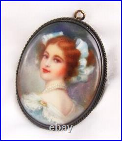Vintage Sterling Hand Painted Porcelain Victorian Lady Portrait Cameo Brooch