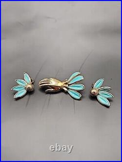 Vintage TRIFARI Petalettes Victorian Gloved Hand Blue Glass Brooch And Earrings