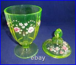 Vintage Vaseline Uranium Art Glass Covered Compote Hand Painted Victorian Dish
