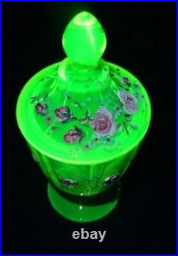 Vintage Vaseline Uranium Art Glass Covered Compote Hand Painted Victorian Dish