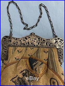 Vintage Victorian Antique Beaded/embroidered Purse Hand Bag Sterling Silver Fram