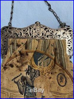 Vintage Victorian Antique Beaded/embroidered Purse Hand Bag Sterling Silver Fram