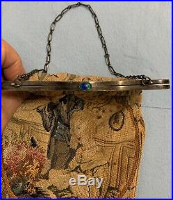 Vintage Victorian Antique Beaded/embroidered Purse Hand Bag Sterling Silver Fram