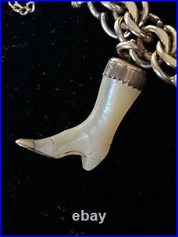 Vintage & Victorian Antique hand carved MOP boot charm/BB GF link charm bracelet