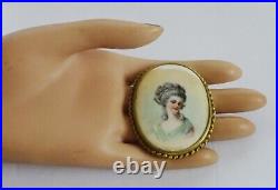 Vintage Victorian Edwardian Hand Painted Lady Portrait Brooch Antique Pin
