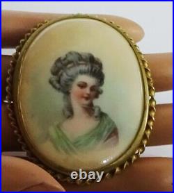 Vintage Victorian Edwardian Hand Painted Lady Portrait Brooch Antique Pin