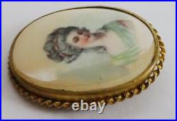 Vintage Victorian Edwardian Hand Painted Lady Portrait Brooch Antique Pin