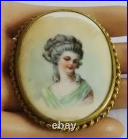 Vintage Victorian Edwardian Hand Painted Lady Portrait Brooch Antique Pin