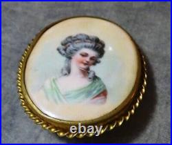 Vintage Victorian Edwardian Hand Painted Lady Portrait Brooch Antique Pin