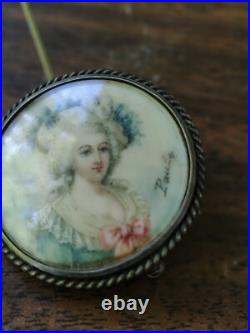 Vintage Victorian Edwardian Hand Painted Lady Portrait Brooch Antique Pin Paulet
