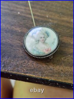 Vintage Victorian Edwardian Hand Painted Lady Portrait Brooch Antique Pin Paulet