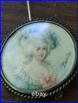 Vintage Victorian Edwardian Hand Painted Lady Portrait Brooch Antique Pin Paulet