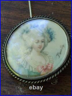 Vintage Victorian Edwardian Hand Painted Lady Portrait Brooch Antique Pin Paulet