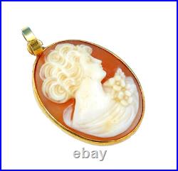 Vintage Victorian Hand Carved Shell Cameo Brooch Pendant 18K Yellow Gold Jewelry