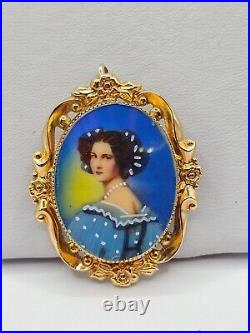 Vintage Victorian Hand painted 10k yellow gold brooch